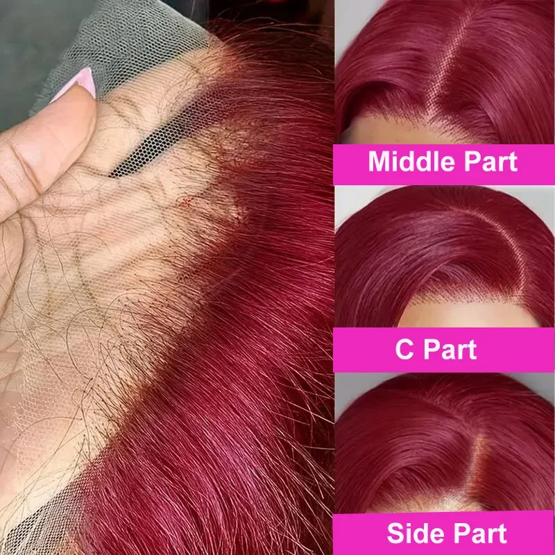 Peruca completa de Bob Frontal para mulheres negras, cabelo humano, vermelho escuro, cor Borgonha, corte sem corte, osso reto, curto, 13x4, 99J