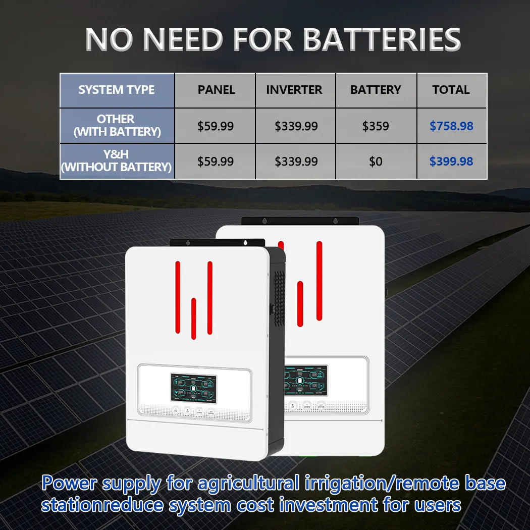 Y&H 3KW Hybrid Solar Inverter 3200VA 24V 220V MPPT 80A Charge Controller with BMS System Off Grid Pure Sine Wave Max PV 450V