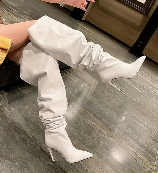 Drop Shipping Women Fashion White Black Solid Soft Leather Pointed Toe Loose Pleated Big Calf Slip On Over The Knee Long Boots