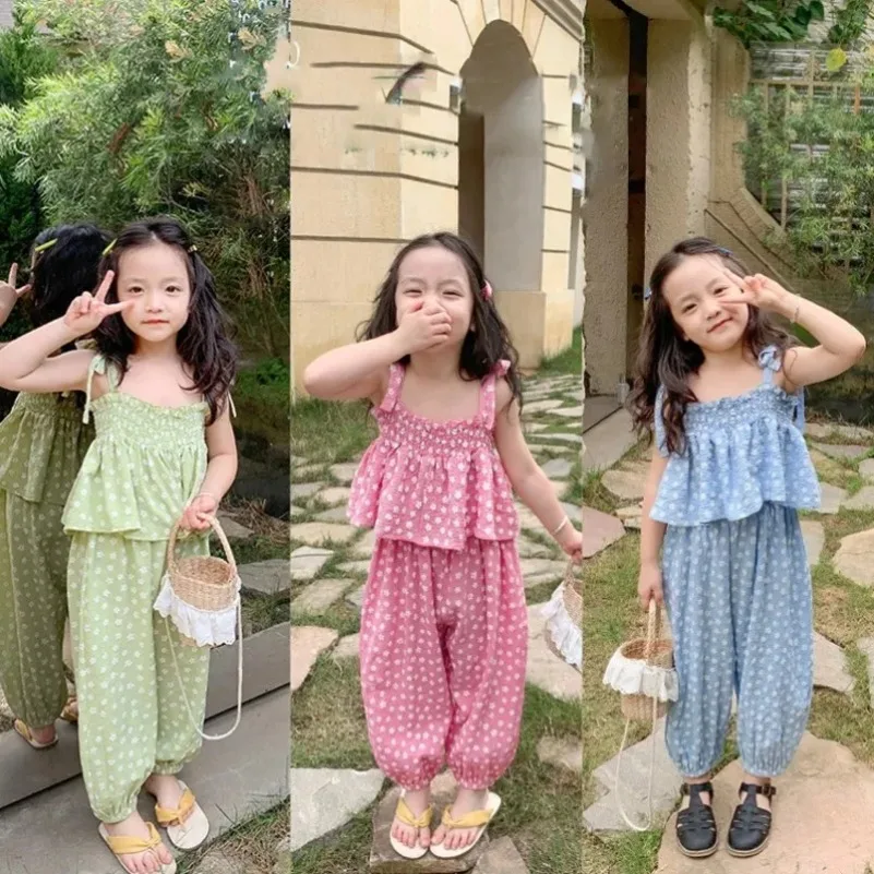 

Girls' Clothing Sets Sweet Cute Floral Camisole Plus Anti-Mosquito Pants Fashion Baby Kids Summer Outfit Children Girls Clothes