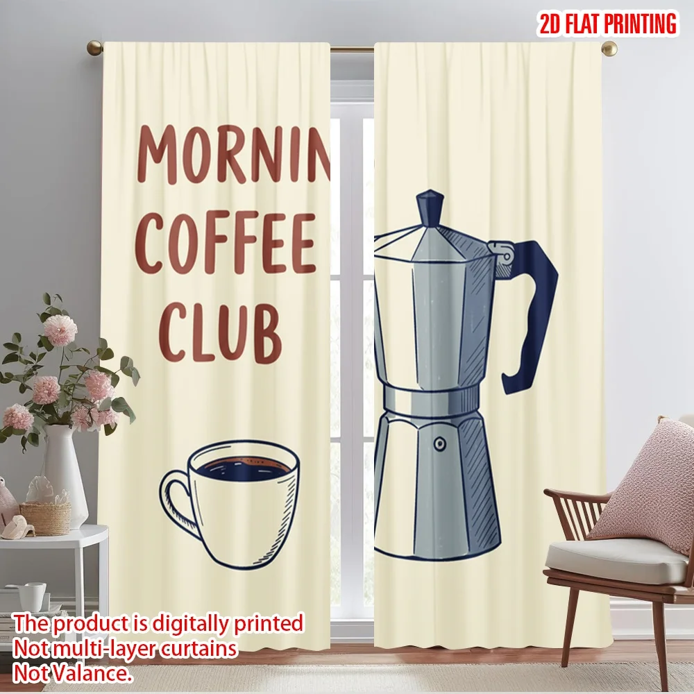 

2pcs 2D flat printing Scene Curtains Morning Coffee Club Mug 100% Polyester Fabric Without Electricity Seasonal Party & Holiday