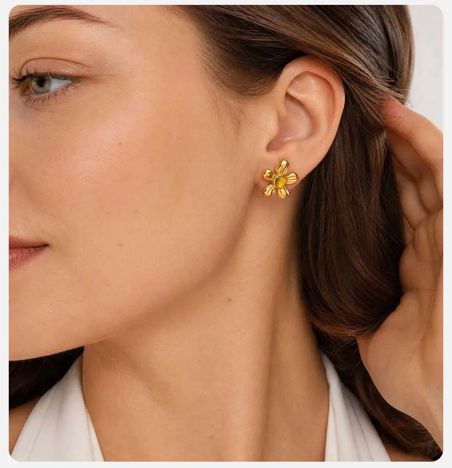 Vnox Trendige Minimalistische Vergoldete Gelbe Kristallblumen-Ohrringe aus Edelstahl, Florale Ohrringe für Party, Alltag und Hochzeit. – Detail 3