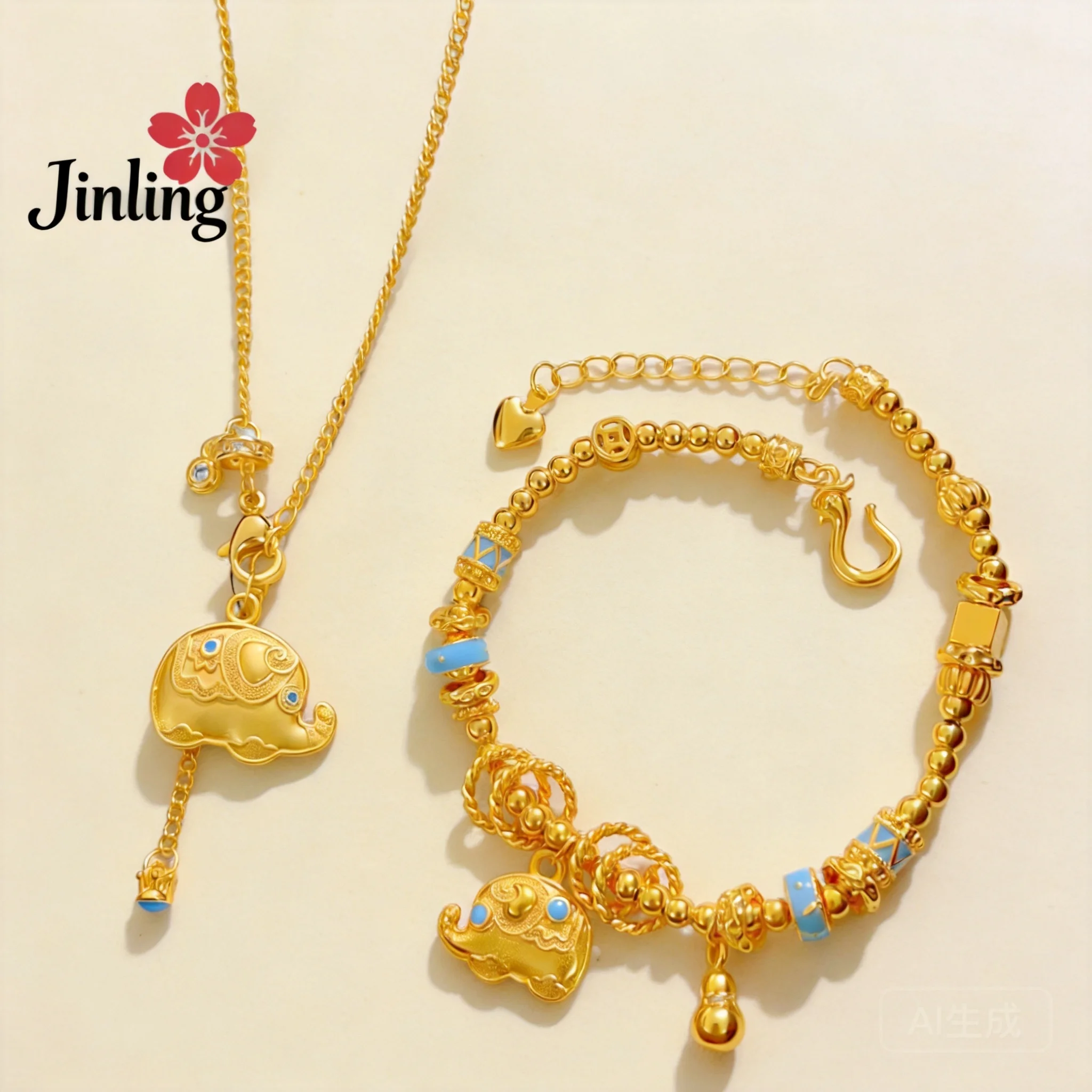 

Vintage Chinese Style Lucky Auspicious Elephant Jewelry Set Gold Plated Enamel Fortune Blessing Adjustable Bracelet Necklace Diy