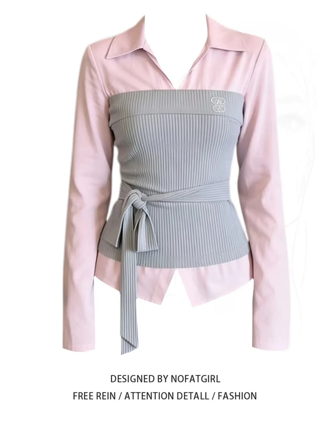 

plus Size Women's Korean Style College Fashion Patchwork Fake Two-Piece Long Sleeve Shirt Spring Season Waist-Cinching Top