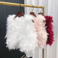 Luxury V-neck Autumn High Waist 3D Ostrich Feather Vests Faux Fur Petals Waistcoat Flocking Cardigan Furry Jacket Chaquetas