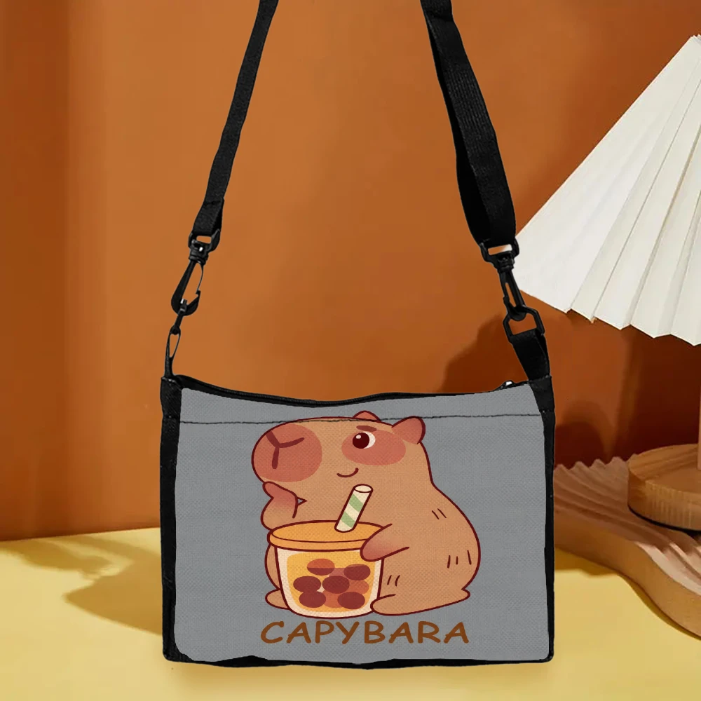 1pc Capybara Print Crossbody Bag Gray Cute Animal Drinking Bubble Tea Pattern Shoulder Bags For Women Girls Daily Use School Wor