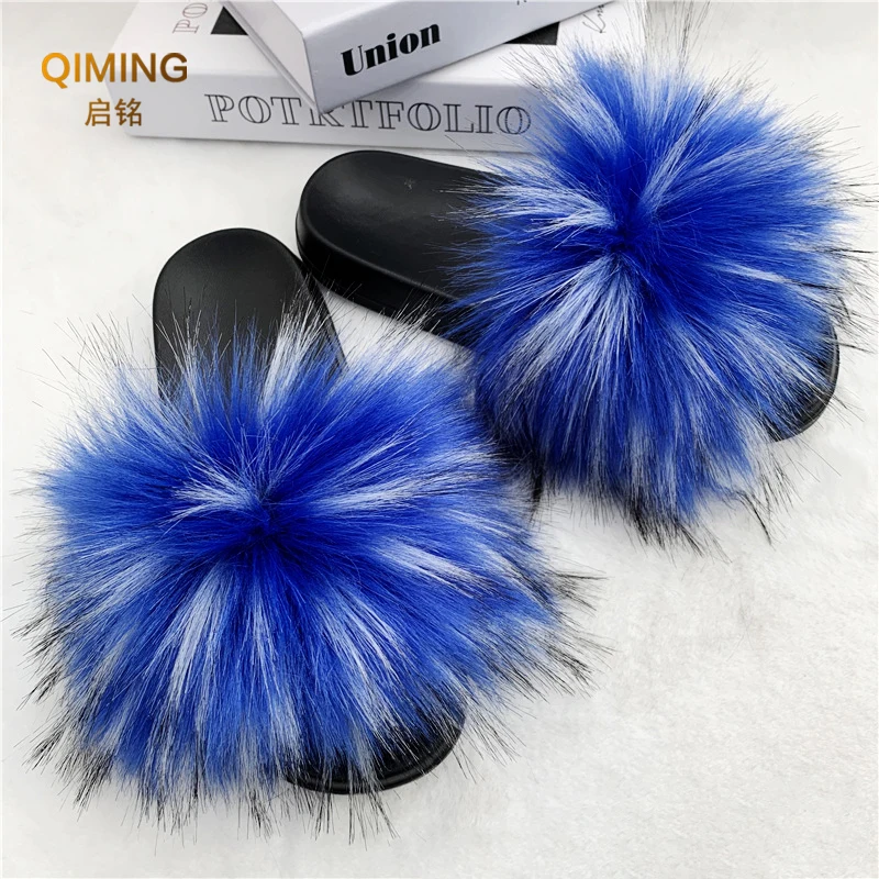 Women\'s Sexy Faux Fur Slippers Plush Furry Fluffy Slippers Outdoor Indoor Flat Platform Shoes Female Casual Flops Woman Slides