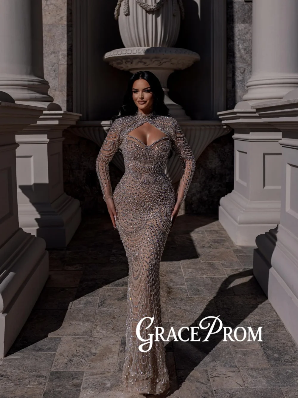 

Detachable Sleeve Opulent Evening Dress Dazzling Crystal Sheath Long Wedding Party Gowns Customized Stunning Banquet Gowns
