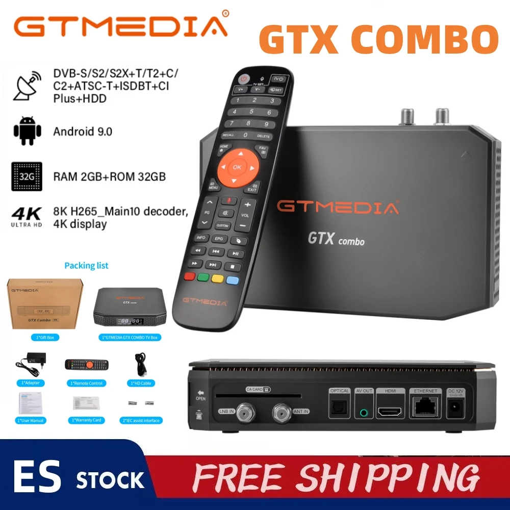 GTMEDIA GTX COMBO DVB-S/S2/S2X+T/T2+C/C2 Satellitenreceiver, 2GB DD4+32GB 4K/8K Android 9.0 TV-Box mit CA-Kartensteckplatz & CI+BT1.4
