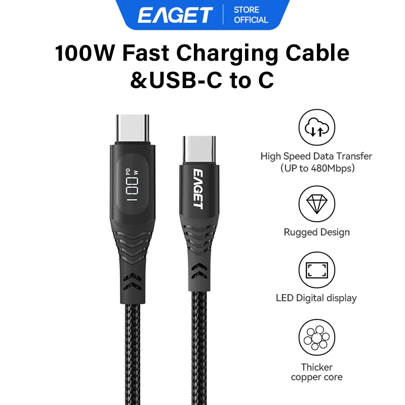 

Eaget 100 Вт кабель для быстрой зарядки цифровой дисплей типа C к кабелю для передачи данных типа C для телефонов iPhone Android универсальный