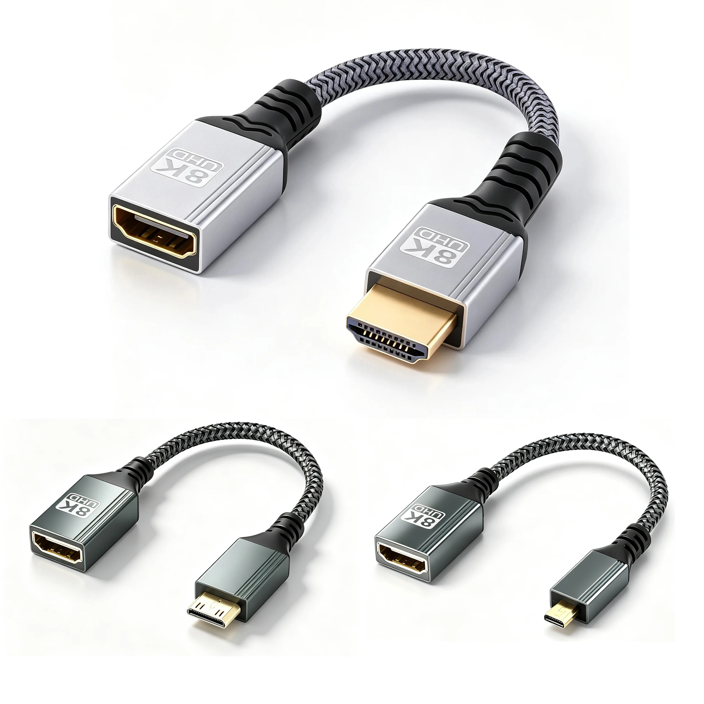 8K UHD2.1 Mini/Micro HDTV Video Cable Male to Female Short Braided Cord 8K@60Hz 4K@120Hz for Laptop PC DSLR Camera Monitor