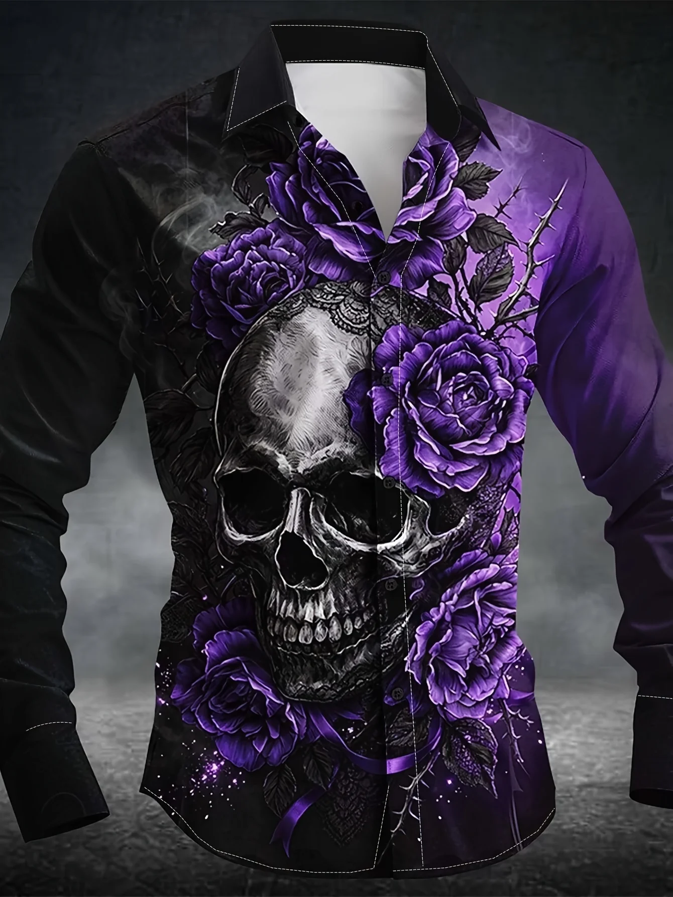 

Men Long Sleeve Button Down Shirt Purple Black Skull Rose Thorn Print Polyester Lapel Collar Gothic