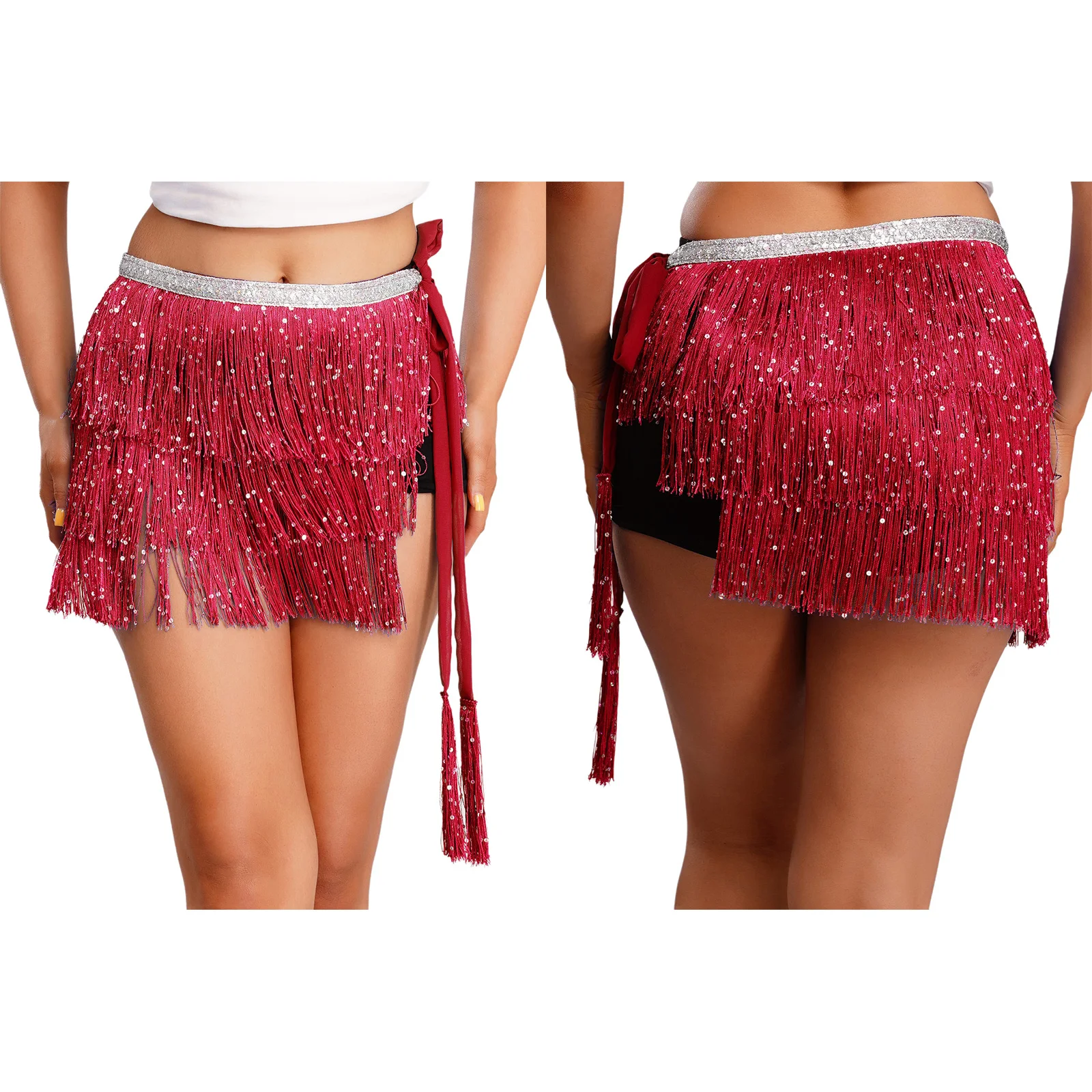 Sciarpa per danza del ventre da donna, catena in vita, paillettes lucide, nappa a strati, gonna in vita con lacci, costume di danza del ventre folclore indiano