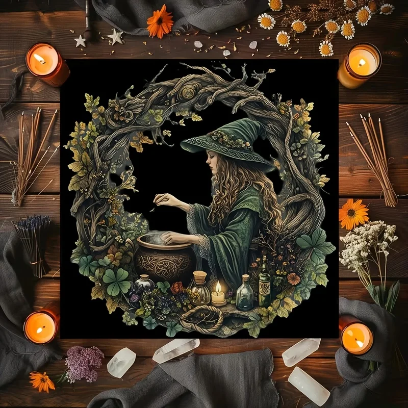 Tarot Cloth Neutral Tarot Cloth Three Card Spread [2D Flat Printing] 1pc Decorative Tablecloth, Witch Brewing Potion Forest