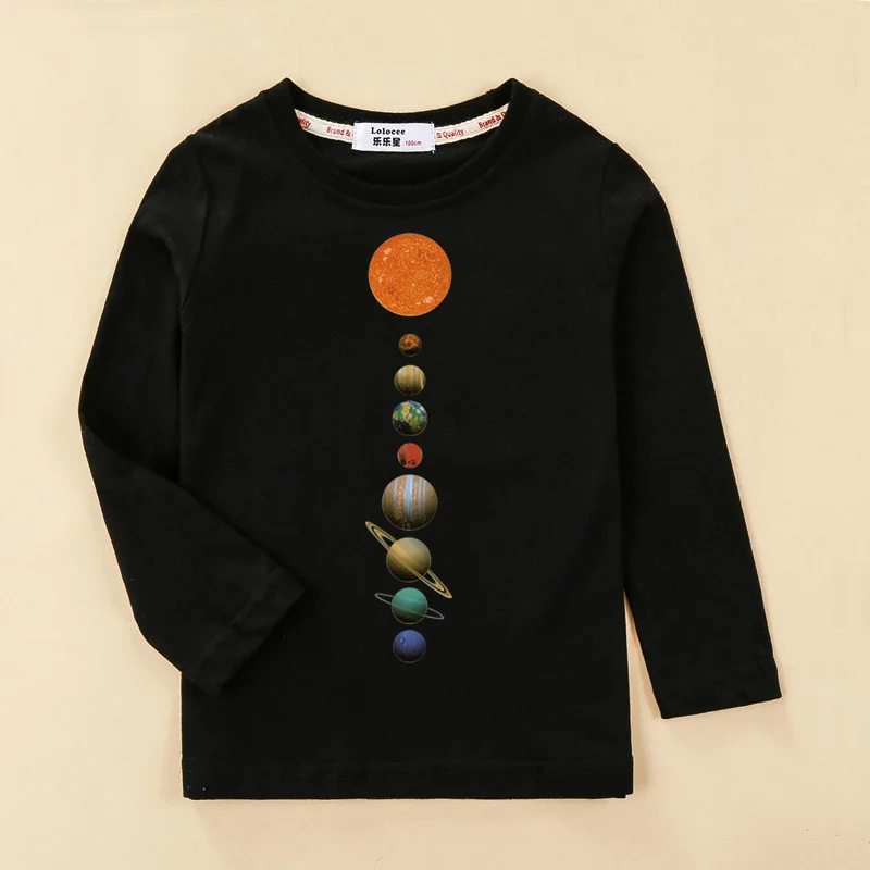 Kids Casual T-shirt Solar System Pattern Tops Baby Boys Cotton Fashion Shirt 3-14T Children Long Sleeved Tees