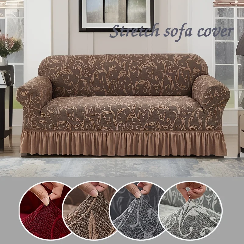 1 Piece Of Elastic Jacquard Sofa Cover With Skirt - Elegant Floral Pattern, Pet Friendly, Dust-Proof, Machine Washable, Suitable