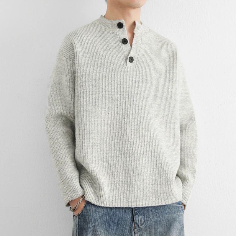 

Мужской утепленный вязаный свитер с воротником «Генри» в стиле ретро, модный базовый слой, шерстяная рубашка для мужчин