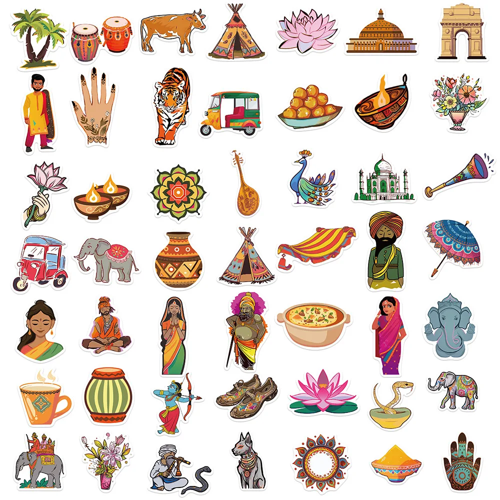 50pcs Vintage India Style Sticker For Stationery Scrapbook Phone Laptop Ipad Suitcase DIY Stickers Pack Scrapbooking Supplies