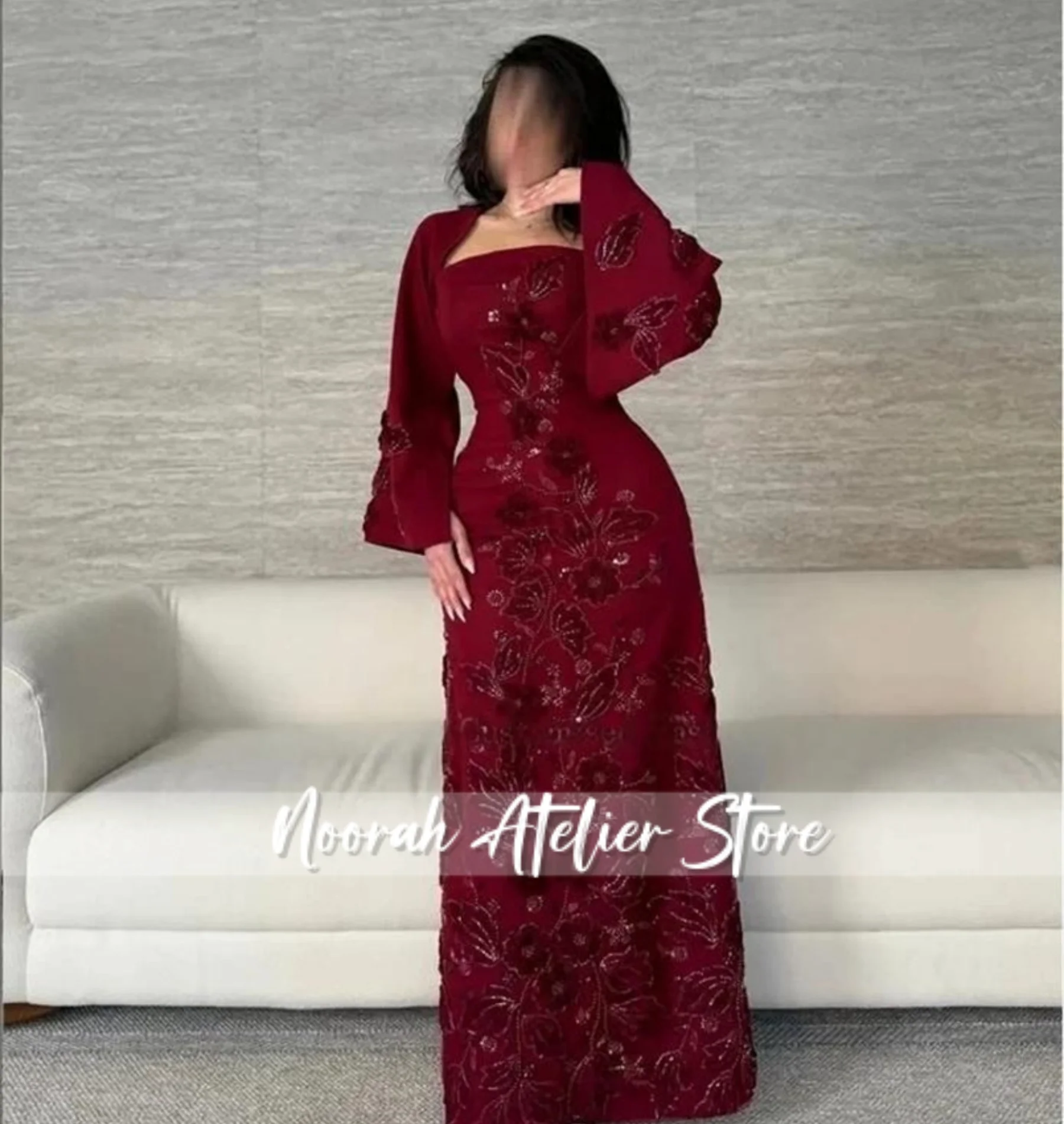 Rosenrote Perlenapplikationen mit langen Ärmeln, luxuriöse, hochwertige Damen-Abendkleider 2025, elegantes Hochzeitskleid, individuell gestaltet