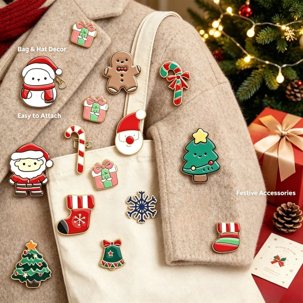 15-Piece Cartoon Christmas Brooch Set, Featuring Snow Bears, Santa Claus, Gingerbread Men, and Snowflake Designs, Suitable for Decorating Clothing and Backpacks, Ideal as a Gift