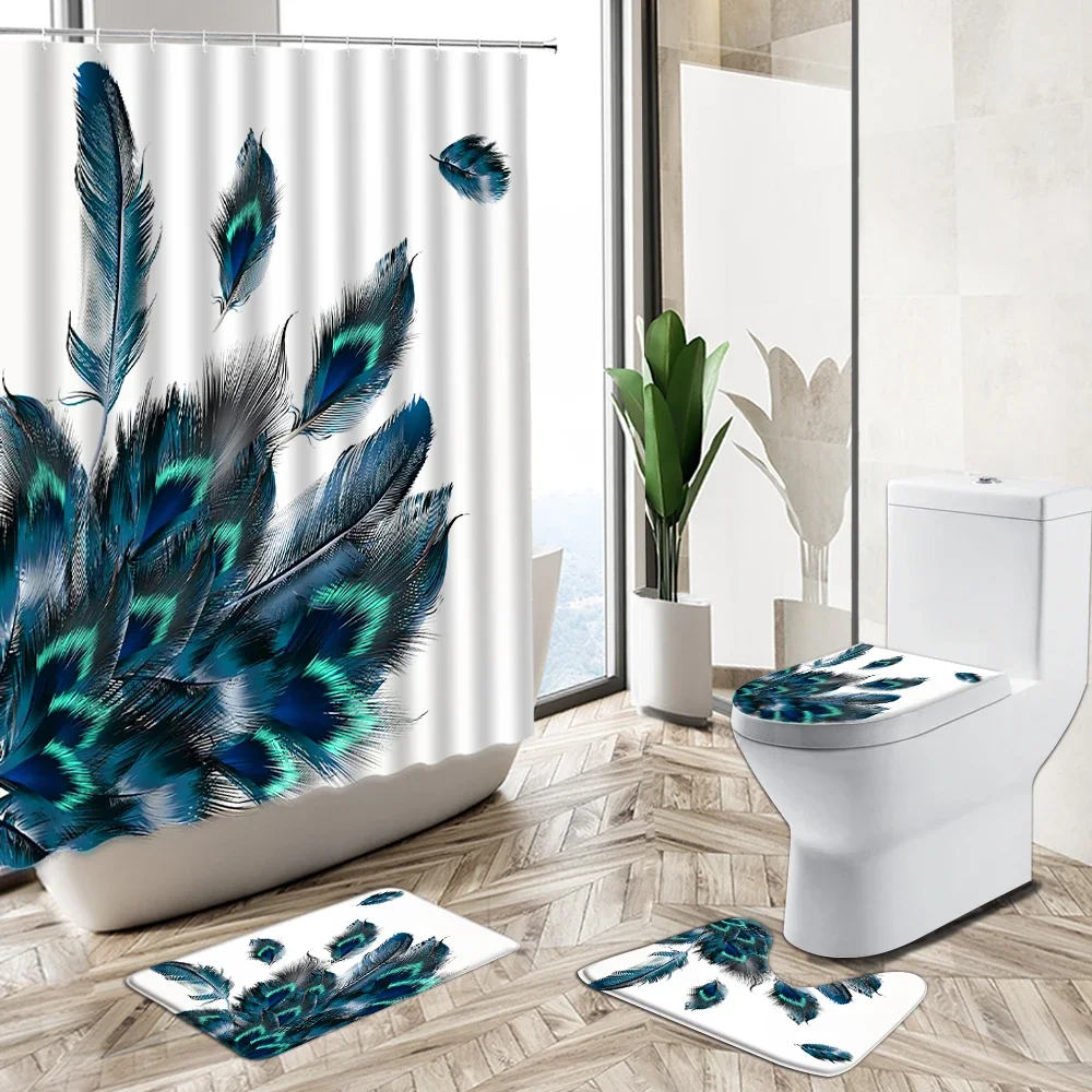 Peacocks Feather Pattern Printing Waterproof Shower Curtain Set Color Art Non-Slip Pedestal Rug Toilet Cover Bathroom Decoration