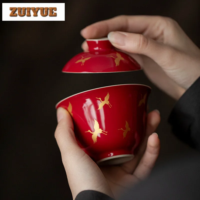 

150 мл Рубиново-красный позолоченный журавль Gaiwan Креативная чайная варенька Чайная чаша с крышкой Набор крышек для заваривания чая Чаша Набор принадлежностей Ремесленный подарок