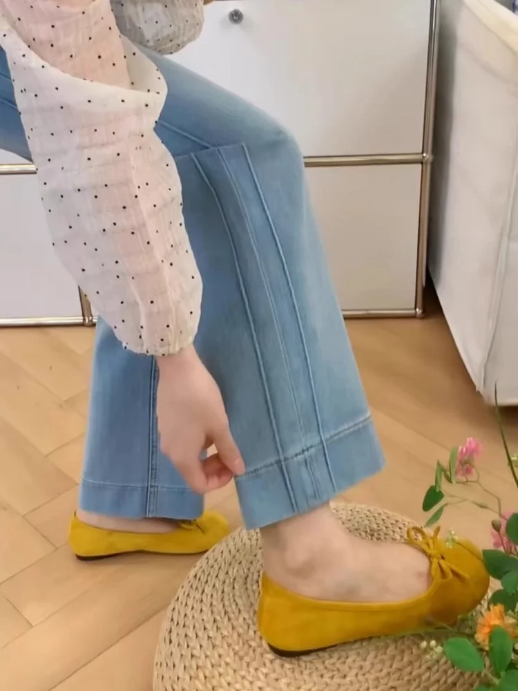 

Светло-голубые прямые джинсы для женщин, весенняя новинка, большие размеры, для полных женщин, корейская версия, укороченные, эластичные, в стиле французских брюк-«багеты»