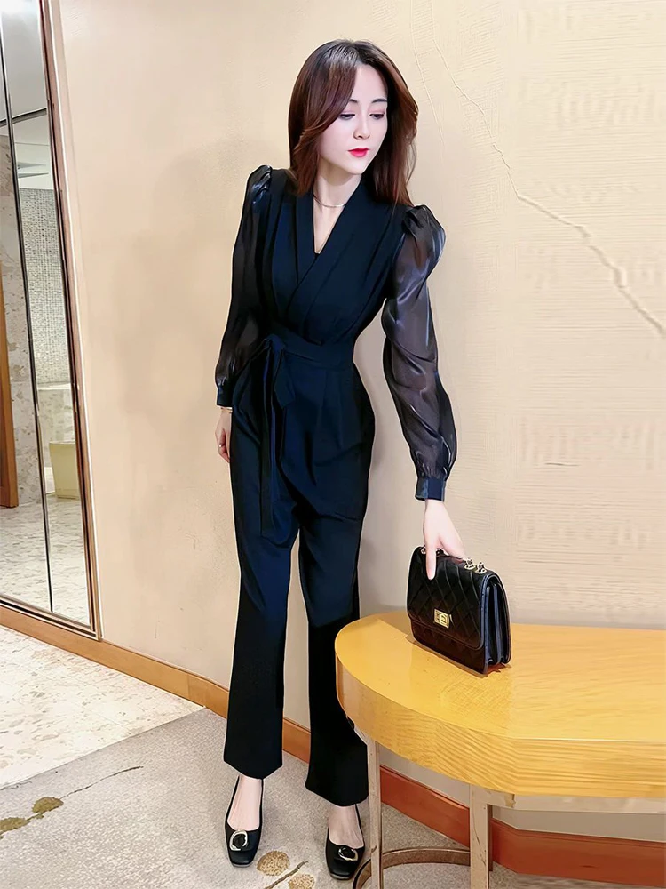 Ele Kombinezon z wysokim stanem dla kobiet, wiosna-jesień, nowy, modny zestaw w stylu streetwear, wyszczuplający, patchworkowy strój z spodniami.