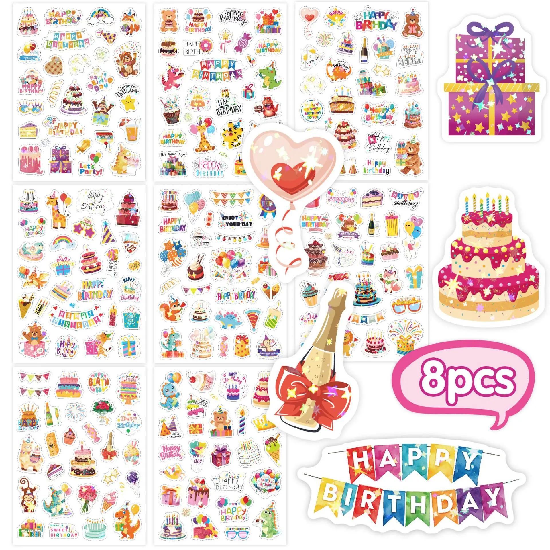 216 Pcs Shiny Holographic Birthday Stickers Cake Balloon Cartoon Graffiti Happy Birthday Decor Stickers DIY Party Supply