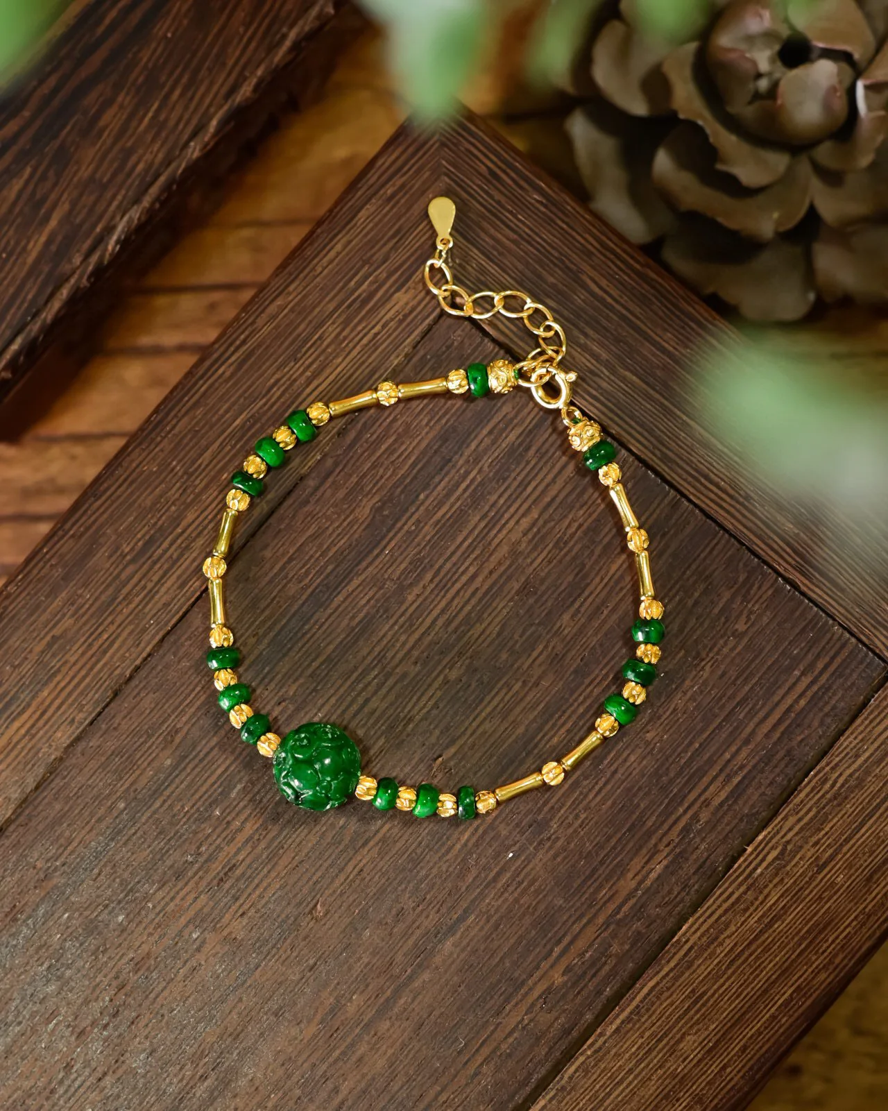 Natural Grade A Jadeite Bracelet, Carved Huiwen Beads in S925 Silver & Ancient Gold, Wealth Attracting Green Gemstone Jewelry