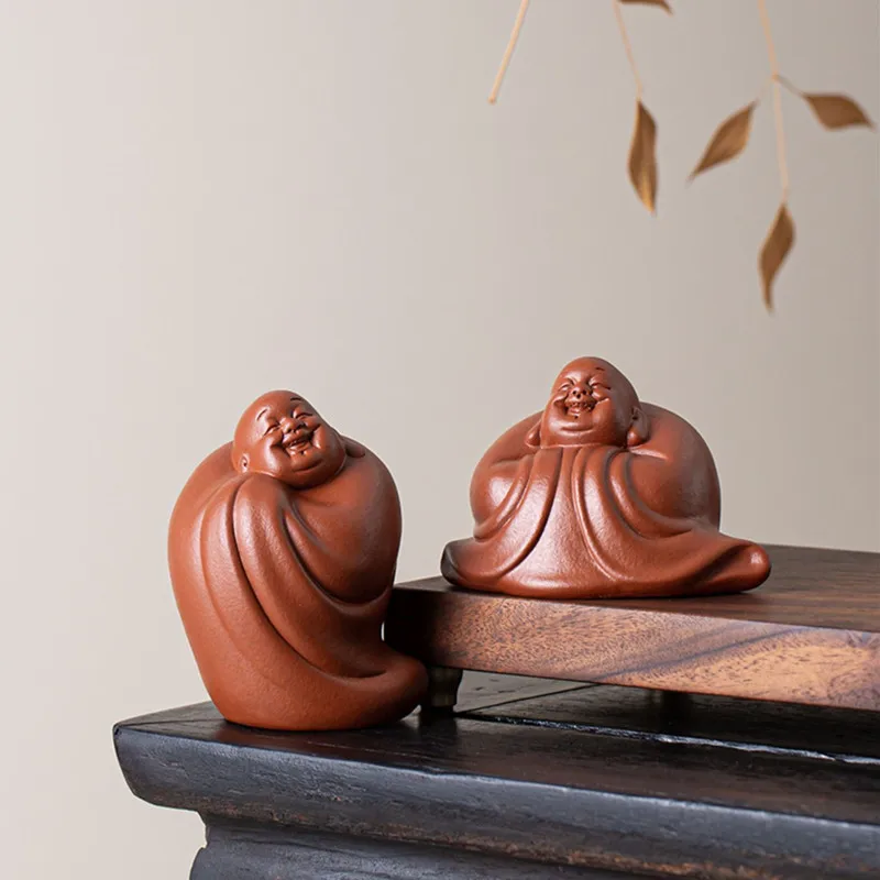 Creative Purple Clay Tea Pet Small Buddha Monk Figurine Ornaments Handmade Sculpture Crafts Chinese Tea Set Decor Accessories