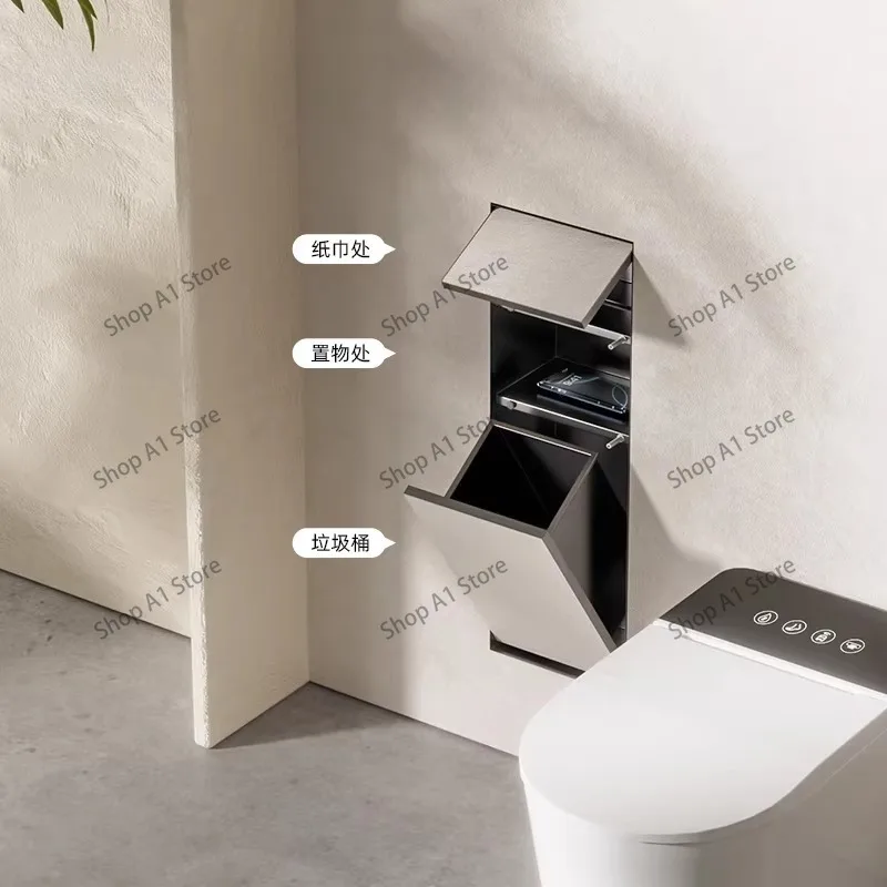 Hidden stainless steel carton + embedded toilet trash can discard garbage without opening the box door