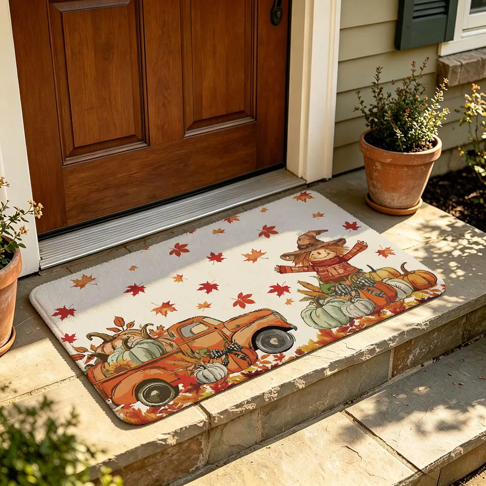 1pc autumn truck scarecrow pumpkin indoor door mat flannel silicone dots plastic anti-slip backing. A stylish home decoration