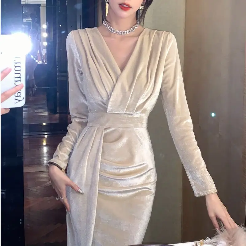 Women Clothing Temperament Slit Hem Midi Dress Spring Autumn New Long Sleeve V Neck Slim Elegant Ladies Dresses Fashion Vintage