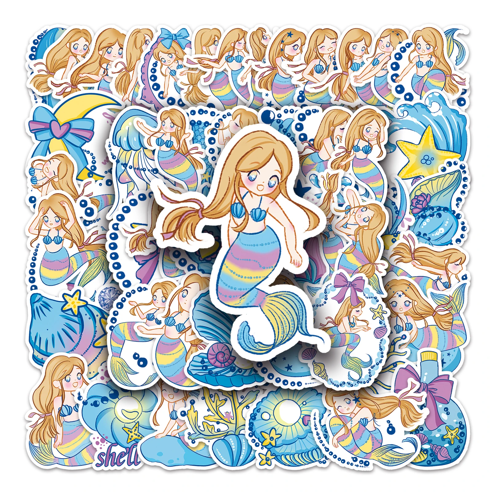 50Pcs Little Girl Fish Series Cartoon Cute Waterproof Sticker Skateboarding Snowboard Retro Vinyl home decal Sticker