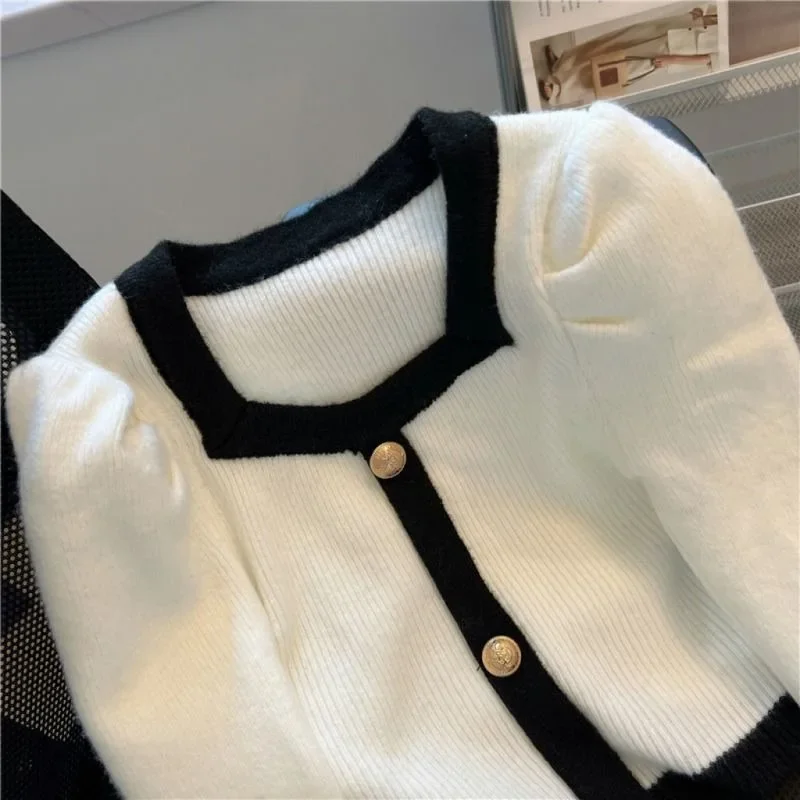 Neploe Elegant Fashion Square Collar Cardigans Autumn New Slim Fit Knitted Tops Y2k Sweet Cool Puff Sleeve Sweaters Women