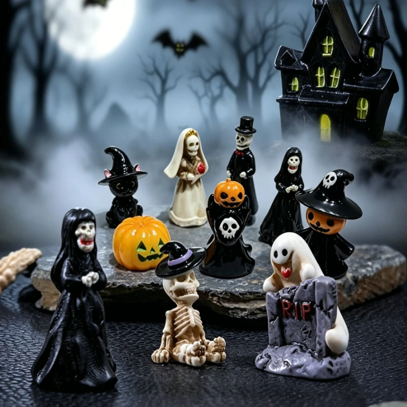 Mini Halloween Resin Witch Cat Owl Pumpkin Figurines Micro Landscape DIY Fairy Garden Terrarium Dollhouse Spooky Tabletop Decor