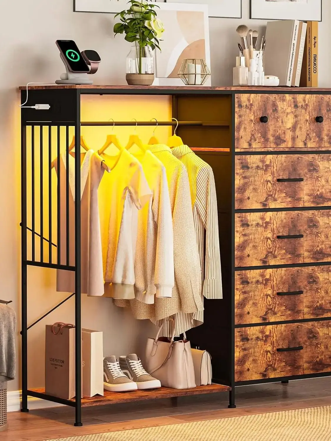 Slaapkamerkast met hangende kledingrek, 6-ladenkast met oplaadstation en LED-verlichting, ladekast voor de slaapkamer - afbeelding 2