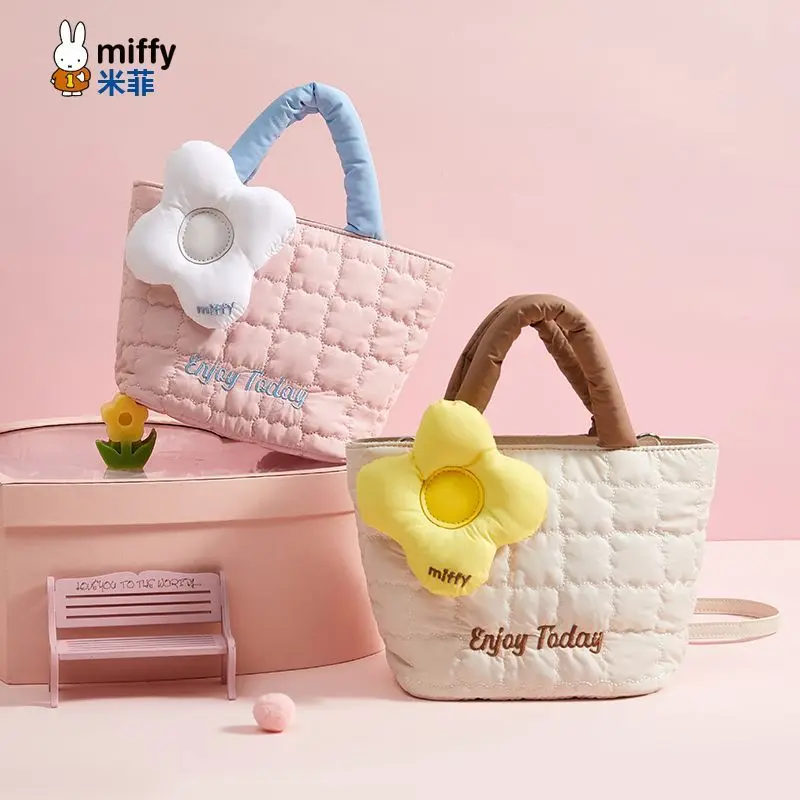 Miffy Kawaii Anime Cartoon Rabbit Handbag Simple Cotton New Style Autumn Winter Fashion Sweet Flowers One Shoulder Crossbody Bag