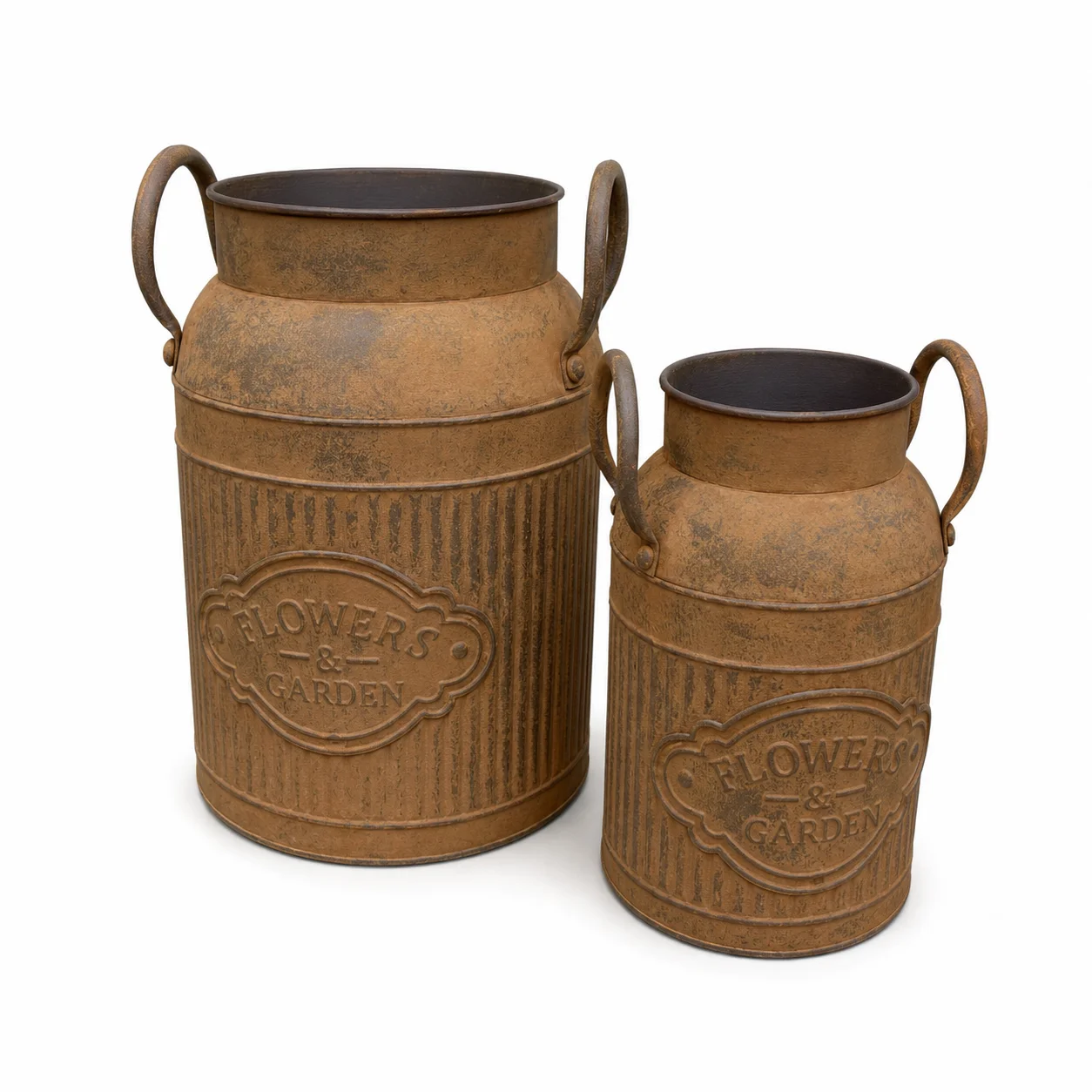 2Pcs Vintage Metal Milk Can Planter Set, Large and Small Rustic Iron Flower Vases with Handles, Distressed Farmhouse Floral Cont
