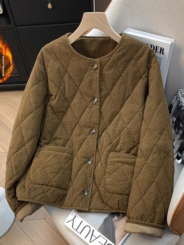 

Retro Corduroy Polka Dot down Cotton Jacket Women Winter Loose Versatile Cotton Padded Warm Coat Dream Qing Sha Po