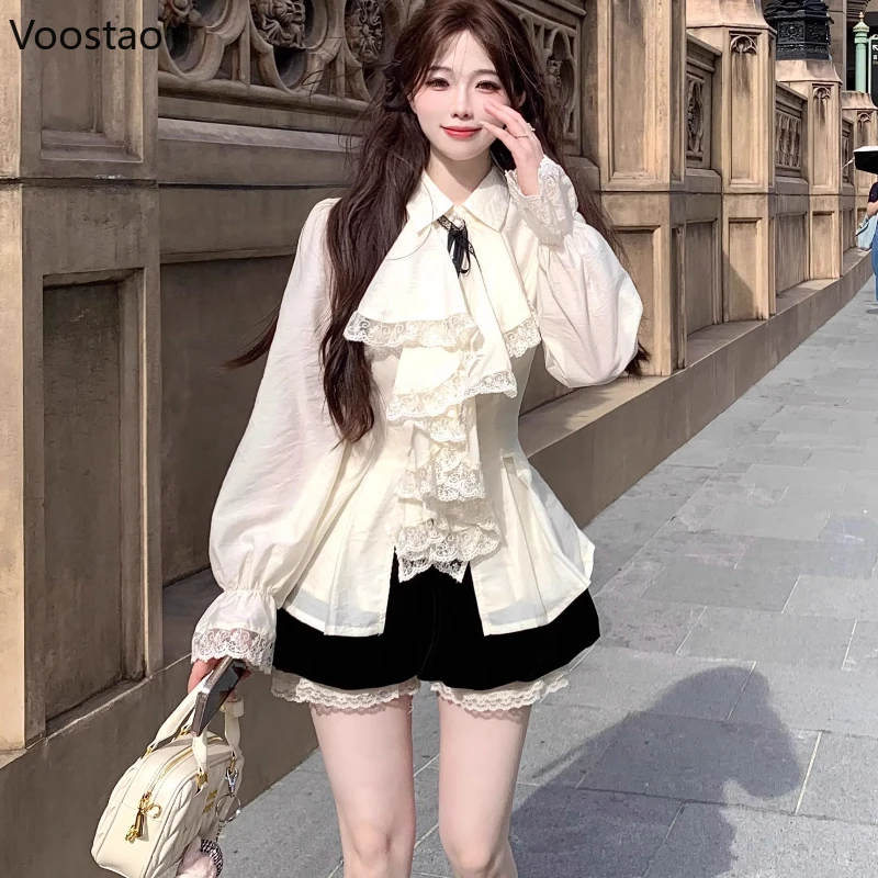 

Винтажные милые комплекты в стиле Лолиты Y2k, женские шикарные рубашки с длинными рукавами и оборками в стиле Лолиты, черные шорты, элегантные костюмы принцессы на осень