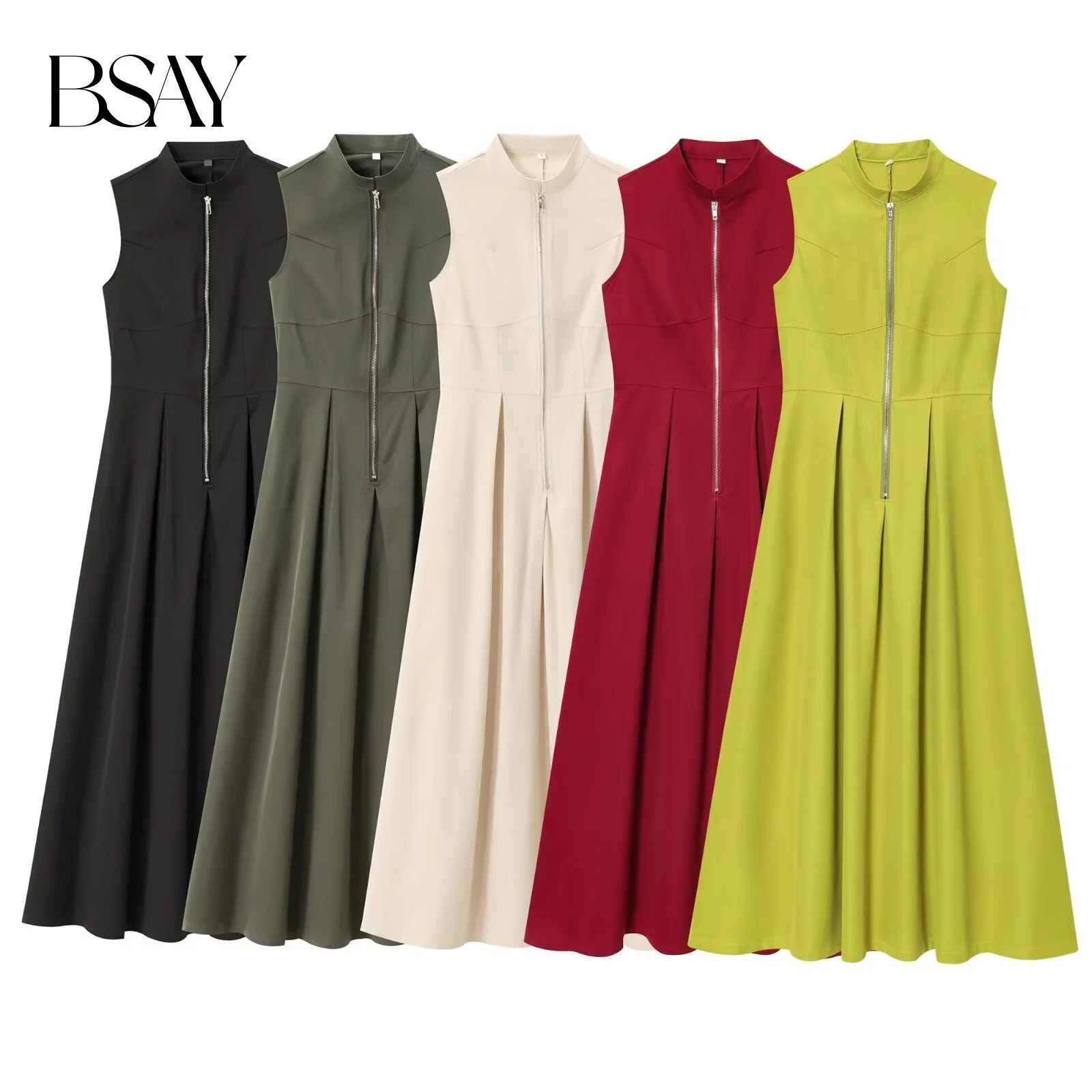 BSAY Long Dress 2025 Summer New Round Neck Sleeveless Waist Collection Commuting Style Solid Color French Evening Dress