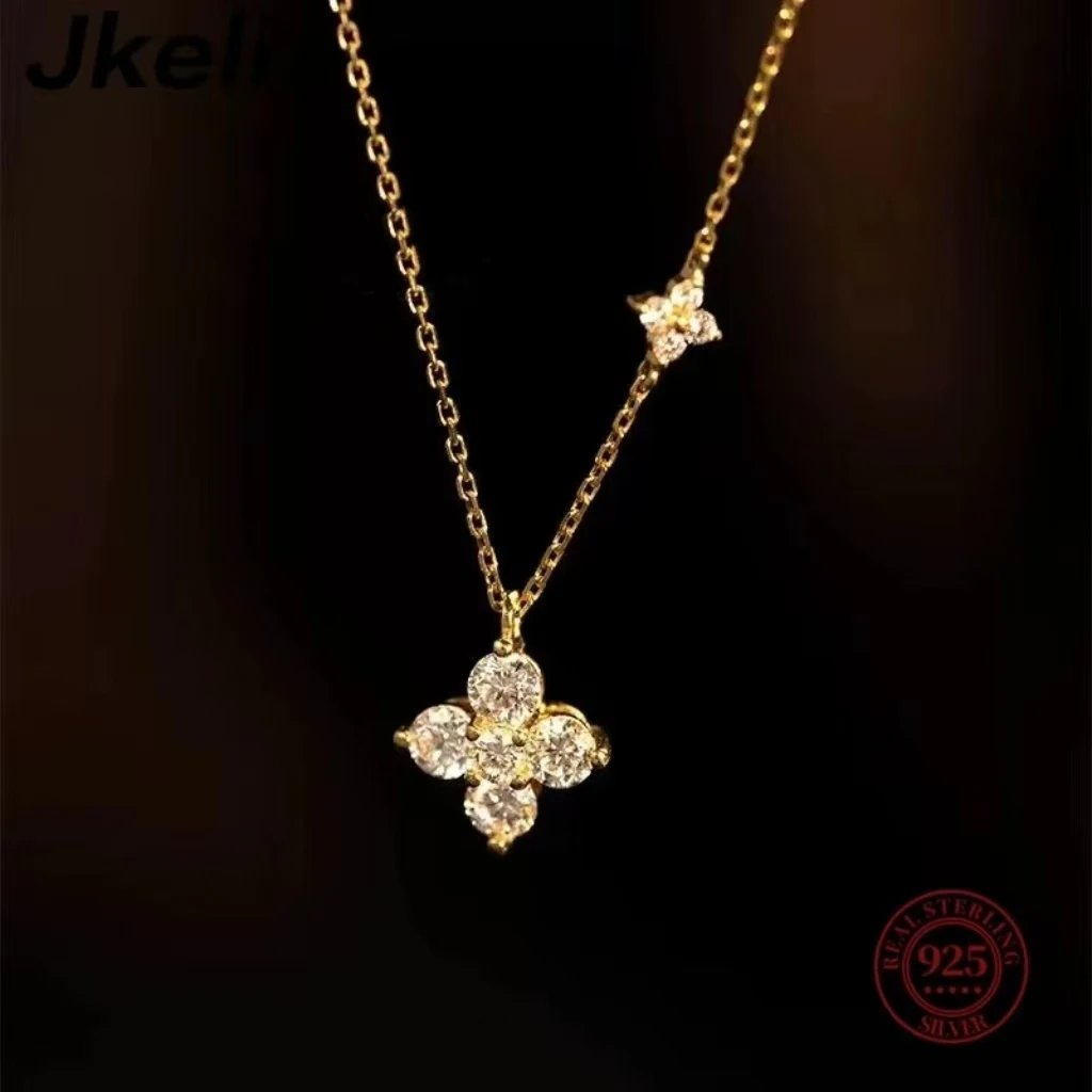 

Jkeli 925 sterling silver plated 14K gold four-leaf clover small necklace female clavicle chain birthday gift