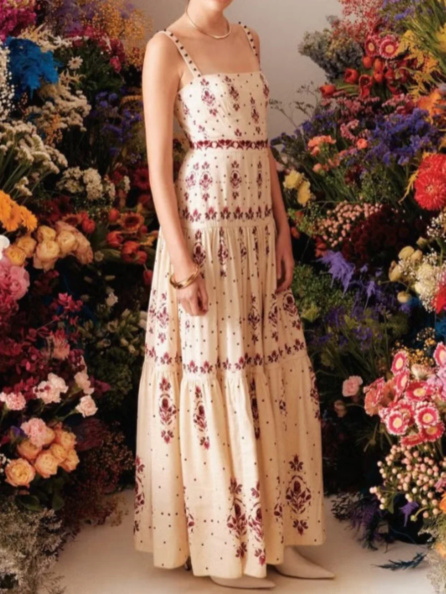 Robe longue en coton pour femmes, imprimé floral, écharpe, broderie de perles, col carré, taille haute, sans manches, vacances, nouvelle collection 2025