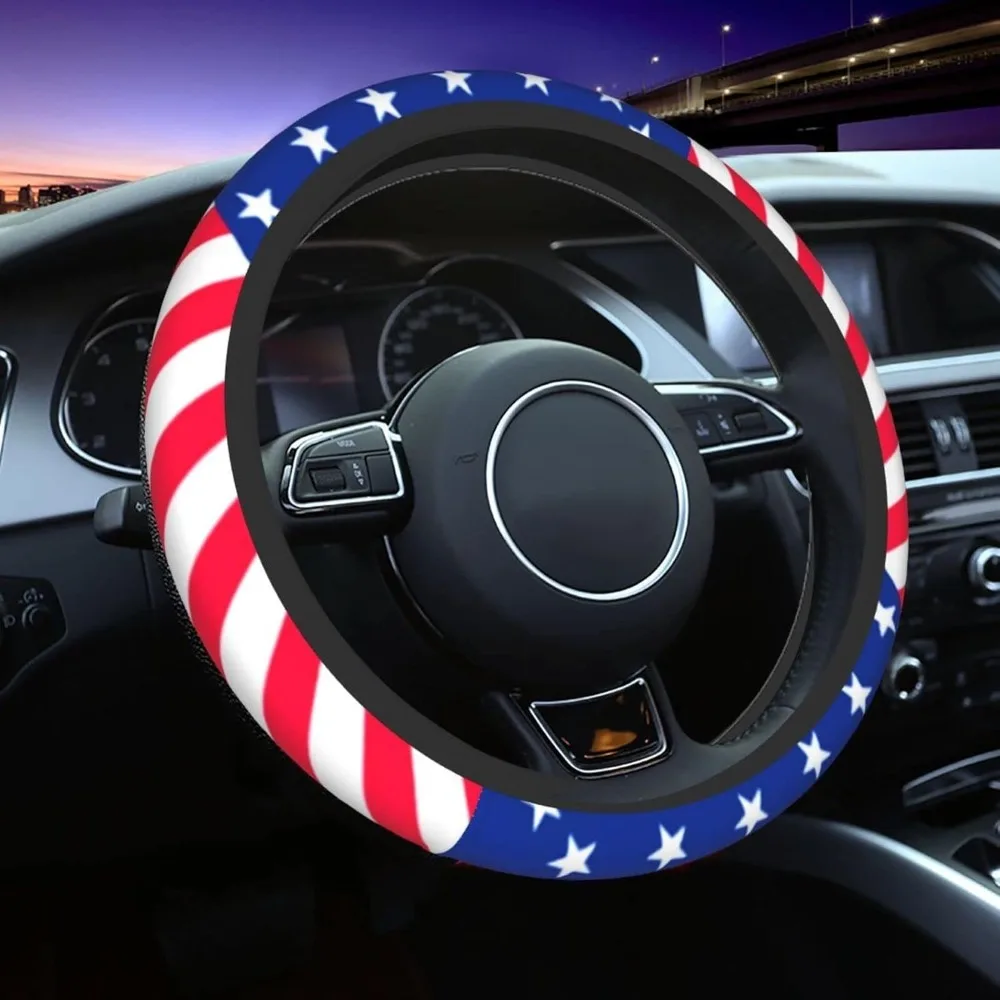 America Flag Cute Steering Wheel Cover for Women Men Car SUV 15 Inch Universal Fit Auto Accessories Personalized