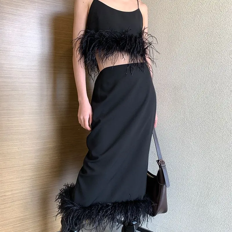 

Lady Summer Dress Natural Ostrich Feather Skirt Set Fashion Sleeveless Feather Top Camisole Long Skirt S5441