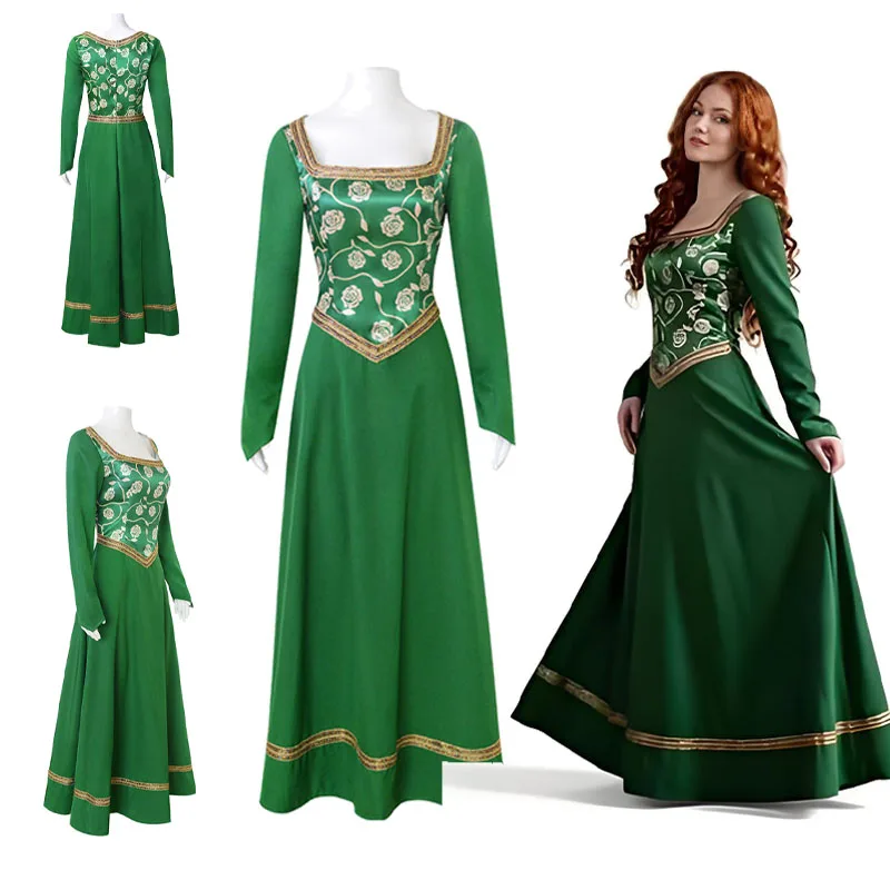 

WHH Shrek Princess Fiona Cosplay Costume Medieval Green Dress Halloween Party Outfit For Women daily dress up