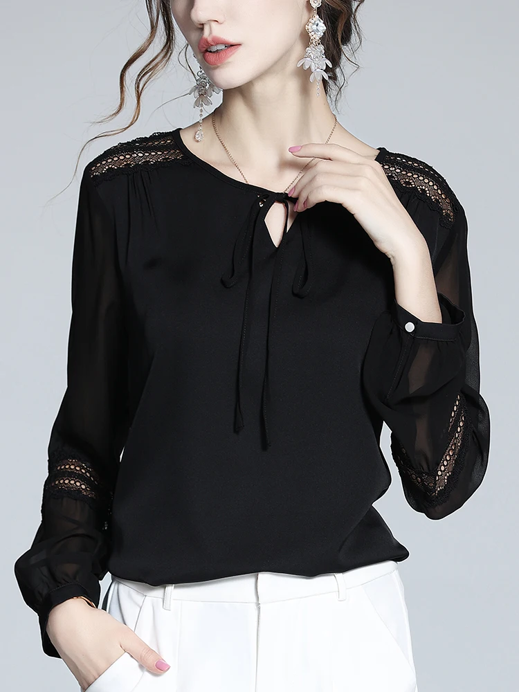 EVNISI Vintage Elegant Black Hollow Out Chiffon Blouse Shirt Women Solid Casual  Blouse Long Sleeve Loose Tops Feminina Blusa