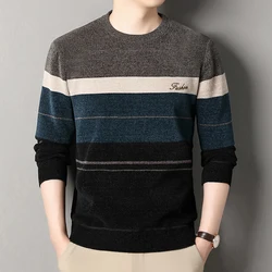 Mens Fashion Striped Sweater Round Neck Pullover Fleece Lined Knitting Clothing Autumn Winter Jumpers Fashion Knitwear